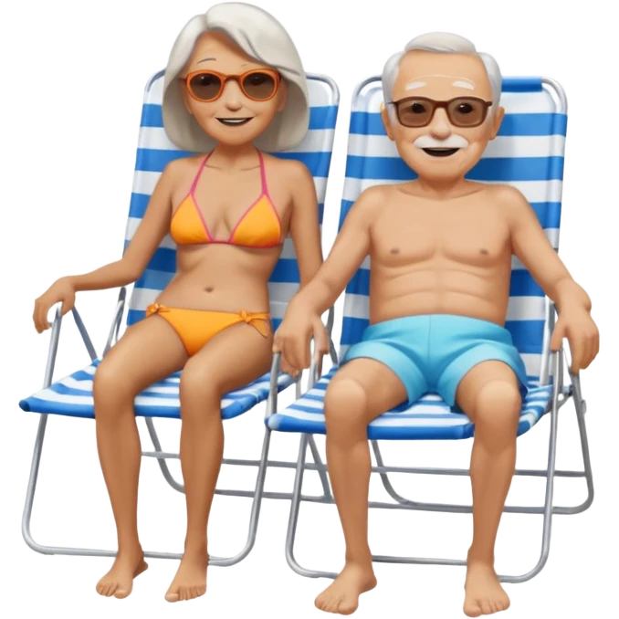 an emoji that shows elderly one very slim woman in bikini and one man with dickbauch in bath shorts, both are retired and are lying in sun-chairs at the beach to recover from retiring-stress emoji