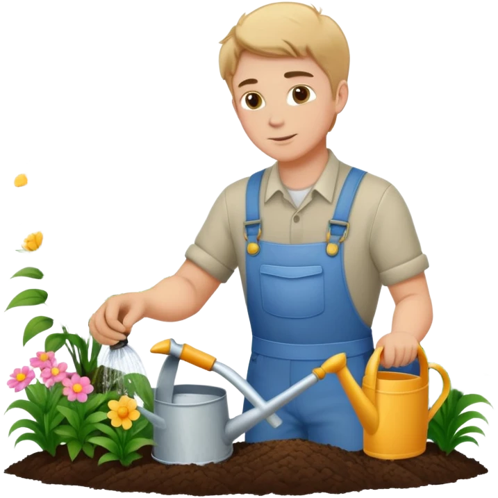 diligent young white male gardener watering flowers emoji