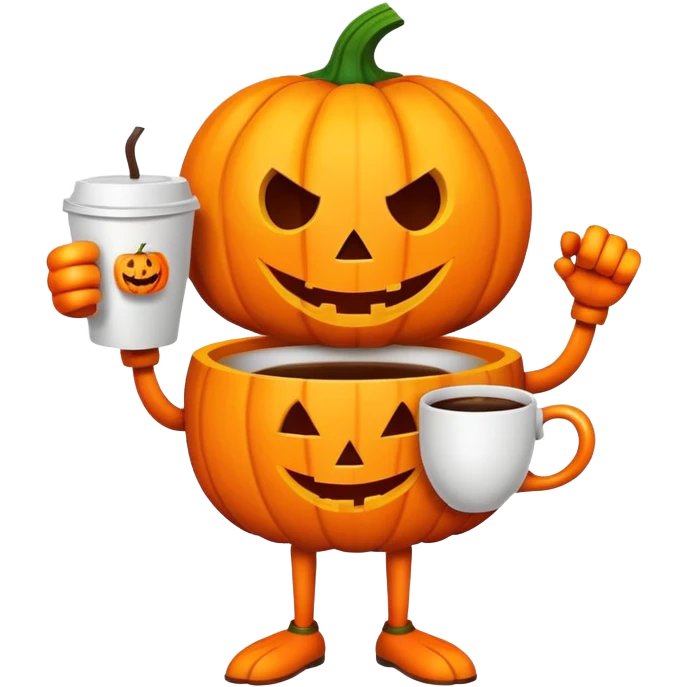 Cartoon jack o lantern with cartoon arms and legs holding a cup of coffee emoji