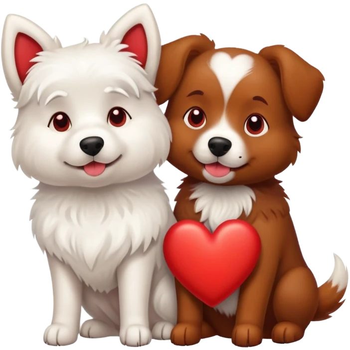 A white dog on the left side and a heart in the middle and a brown dog on the right  emoji