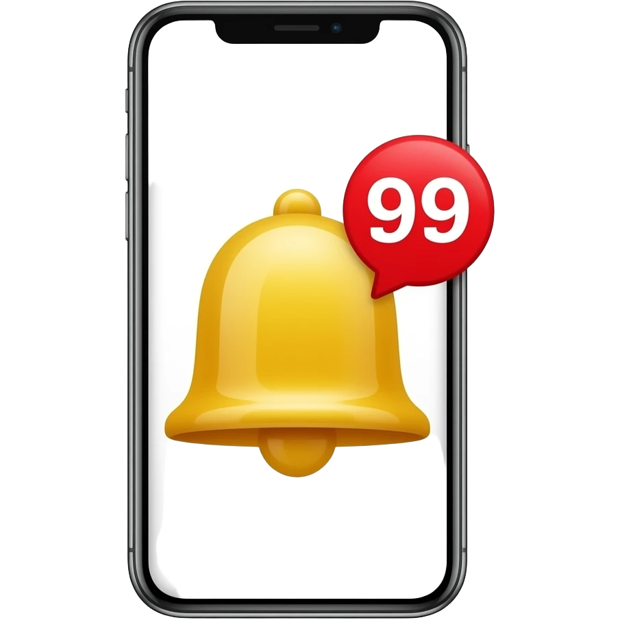 “smartphone emoji, black outline, white screen, yellow bell icon, red notification badge ‘99’, flat vector, clean, centered, no background” emoji