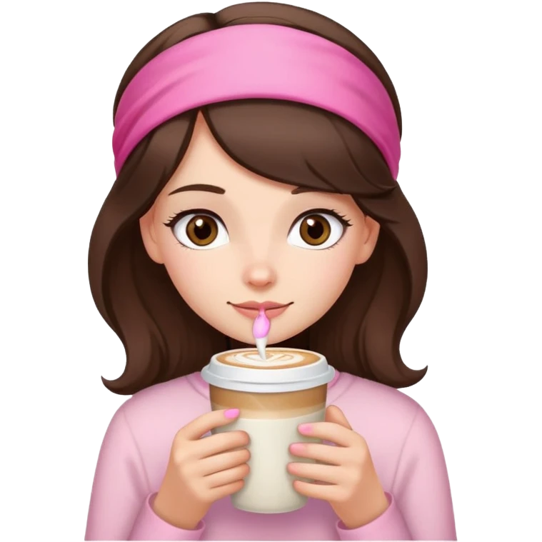 brunette girl with hazel eyes drinking latt, hair just below shoulder length and with a pink headband in her hair  emoji