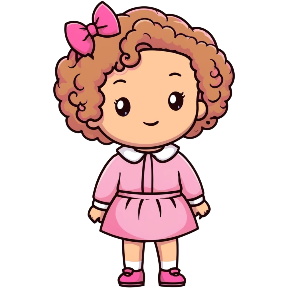 À curly head girl light brown hair light skin wearing pink and a pink bow on her hair  emoji