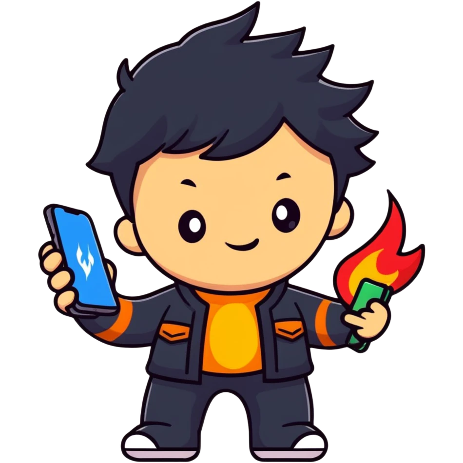 Adorable battle royale character celebrating a victory, with a smartphone showing Free Fire game, surrounded by small stars and flames emoji