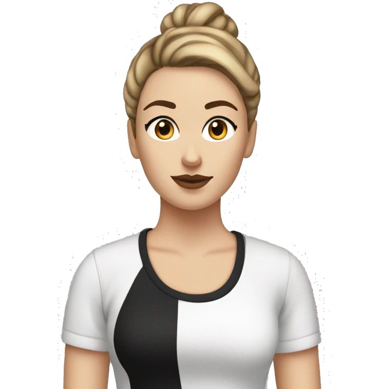 White girl with slick bun straight brown hair very thick black eyebrows wearing a Tshirt  emoji
