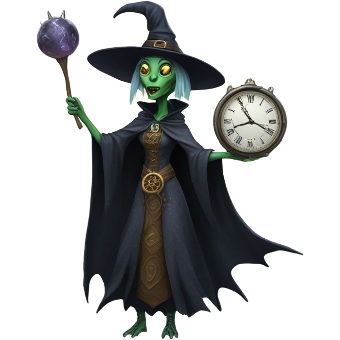 a Reptilian alien woman, as witch, holding holding a big clock, full body emoji