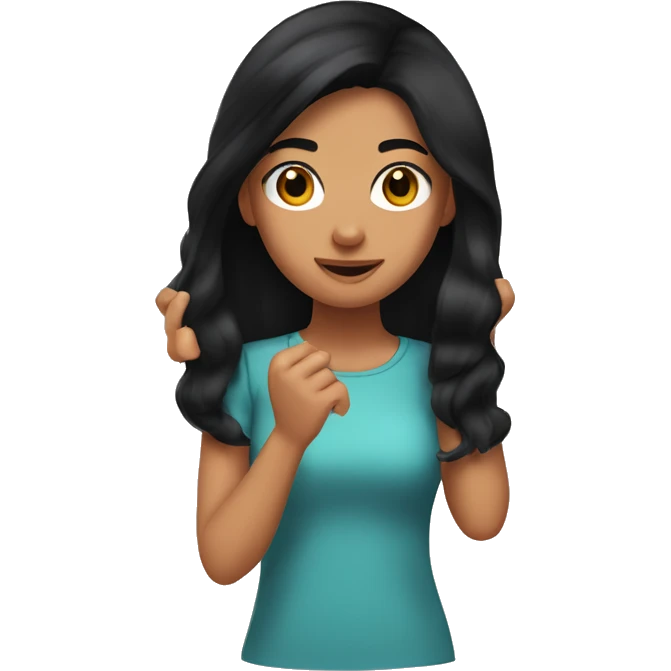 Girl with black hair and olive skin, flipping hair with hand emoji