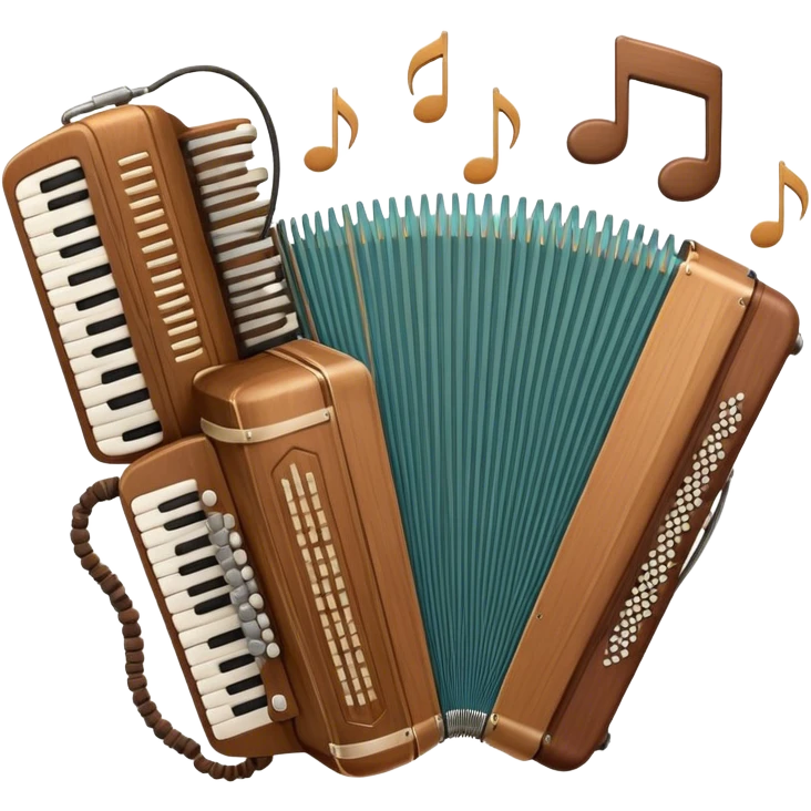 Create a warm and inviting humanless emoji representing folk singing. The design should feature a traditional microphone, perhaps with a wooden texture, symbolizing the rustic and authentic feel of folk music. Surround the microphone with subtle elements such as a hand-played tambourine, an accordion, or a balalaika to reflect the folk instruments. Add flowing musical notes to symbolize the vocal melodies. Use earthy, natural colors like browns, reds, and greens to evoke a sense of tradition, warmth, and connection to the community. The background should be transparent. emoji