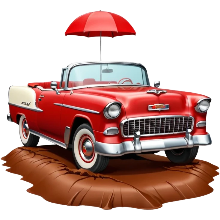 1955 Chevrolet Bel Air Convertible, Red-White color, with a bucket of brown mud pouring down on it, and the car itself is all dirty. 32x32 pixels, aspect ratio: 1:1 emoji