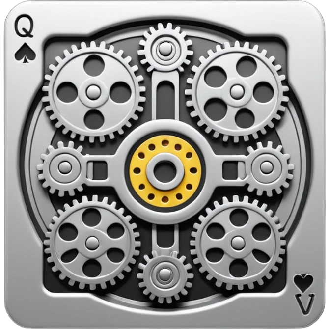 playing card back in emoji style, psychedelic abstract but functioning machine, interconnected gears pistons levers moving parts working together complex mechanism, greyscale tones only, no color, clean visually engaging emoji