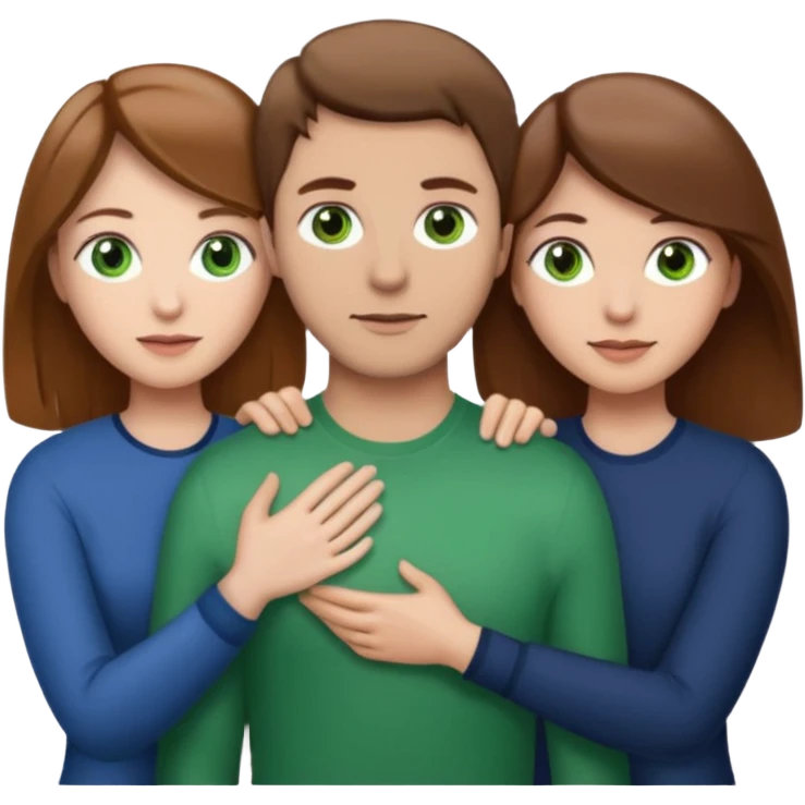 3 people. Throuple. Blank woman with light brown hair and green eye color on left. And also a blank man with brown hair and grey eye color in the middle. And a blank woman with brown hair and grey eye color on the right. Holding each other emoji