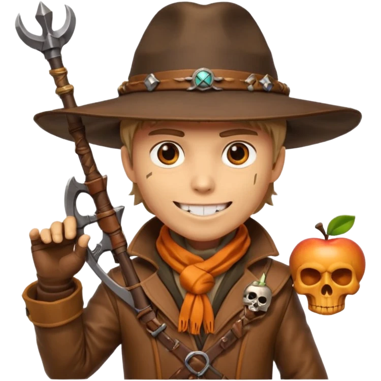 male human monster hunter emoji, wearing brown leather coat and wide hat, holding crossbow, with amulet shaped like skull, Halloween fantasy theme, confident smile, orange scarf, Apple emoji style, clean white background, square image emoji