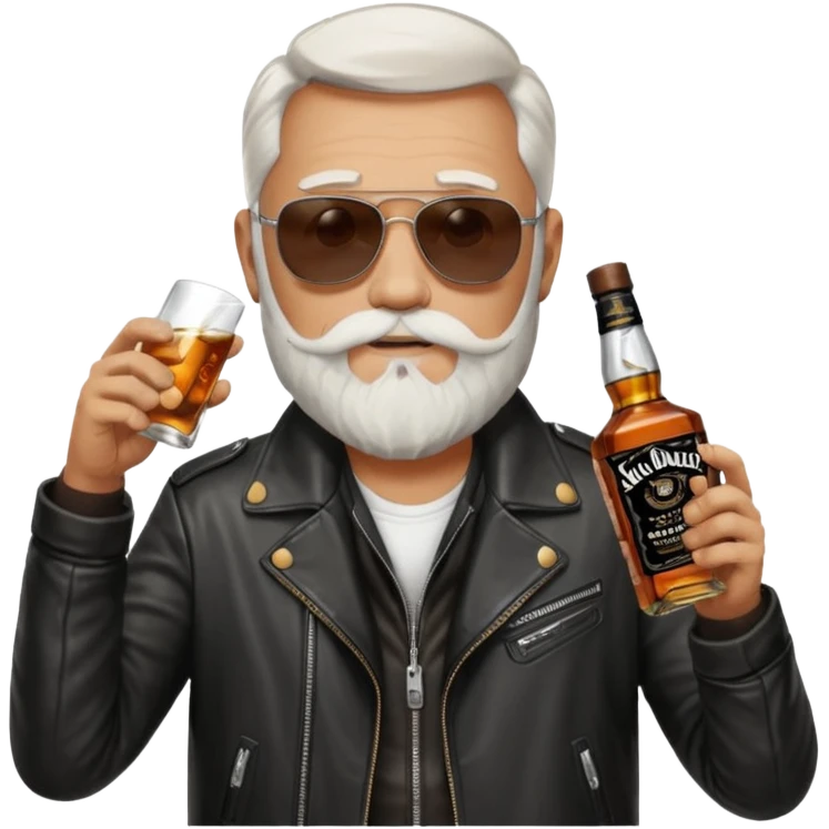 Un motero de perilla blanca, gafas oscuras chupa de cuero y bebiendo de una botella de Jack Daniel's. emoji