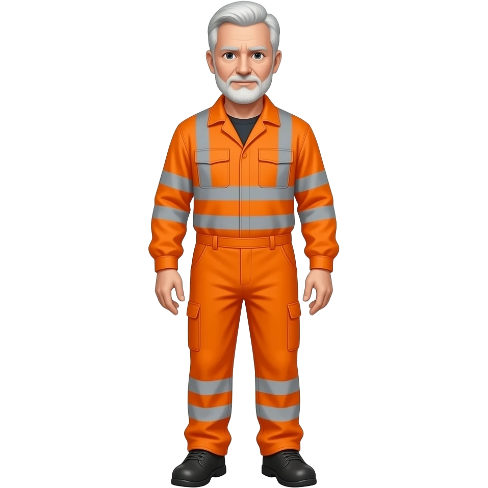 older man standing in full orange hi-vis overalls with sleeves looking down emoji
