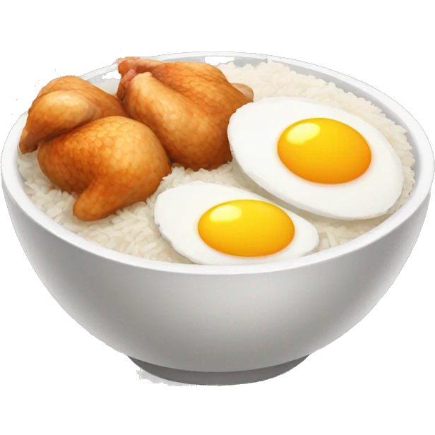 a bowl of rice with two eggs and two chicken emoji