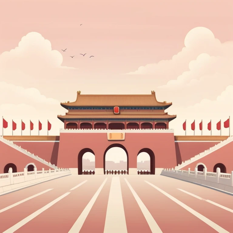 Tiananmen Square in Beijing with traditional Chinese architecture gate, sunny day, travel landmark illustration, soft pastel colors, gentle color palette, muted tones, not vibrant emoji
