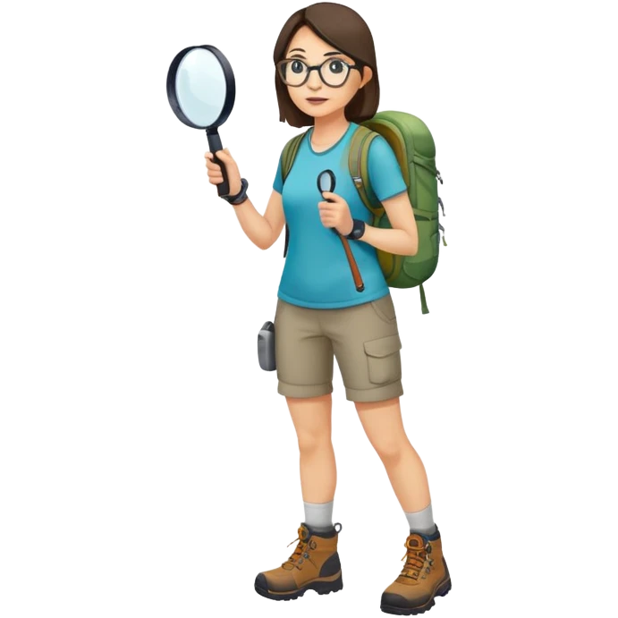 Woman in her 40s with glasses wearing sporty outfit, hiking boots, and backpack, holding a magnifying glass and looking curious emoji