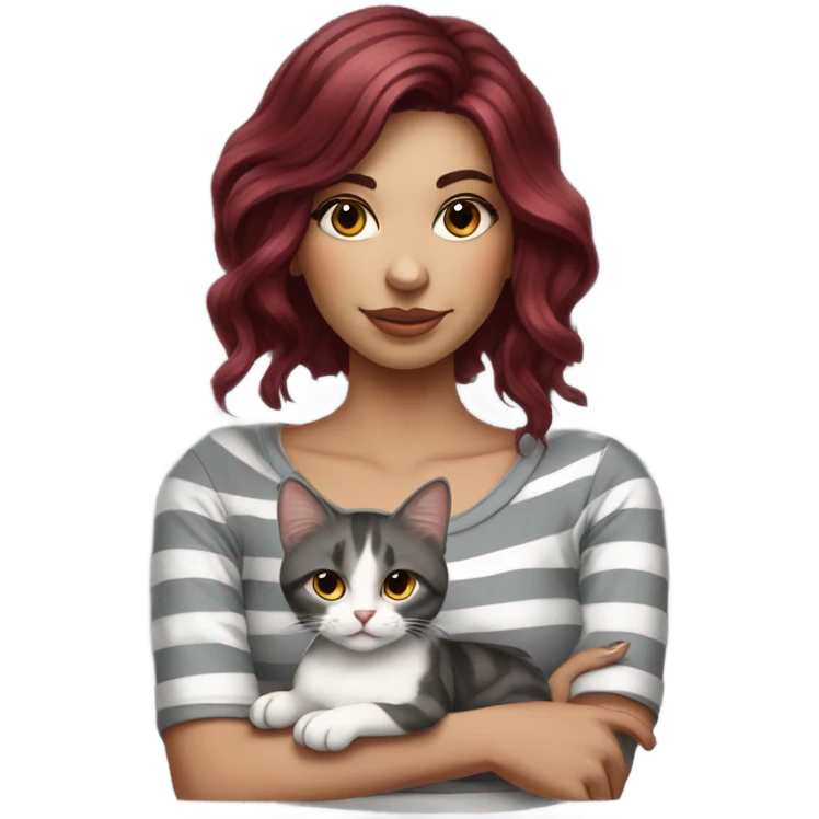 Beautiful burgundy haired tattooed woman holding gray and white striped long hair cat emoji