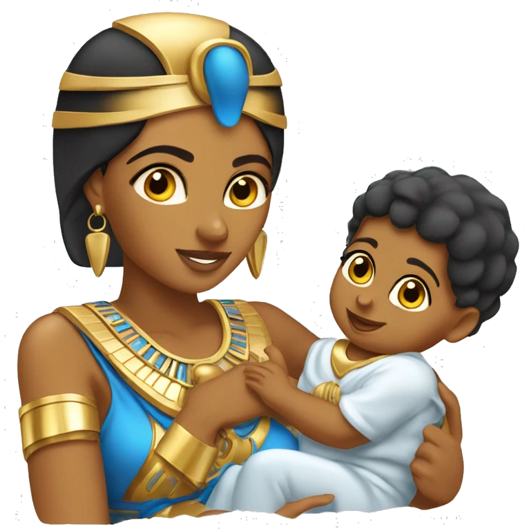 Egyptian female pharaon playing with a baby, tanned skin, golden blue costume emoji