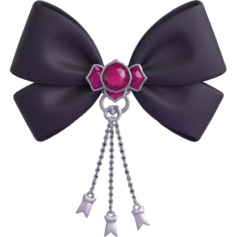 3D emoji gothic bow, black velvet, silver chain fringe, dark ruby center, ornate and dramatic emoji