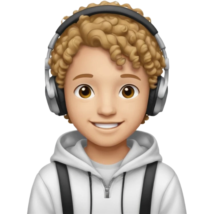 Faça um adolescente de cabelo cacheado médio sorrindo com um aparelho dental e fones de ouvido, com um moletom branco emoji