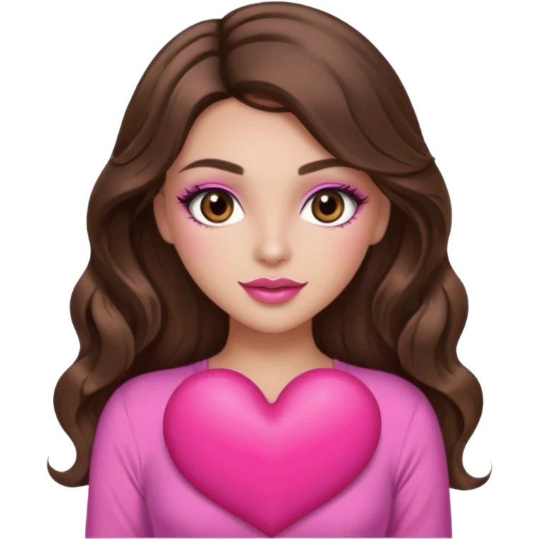 girl with long wavy brown hair, brown eyes, long lashes makeup, sexy pink lips, light to medium complexion, wearing a pink sexy top, holding a big heart emoji