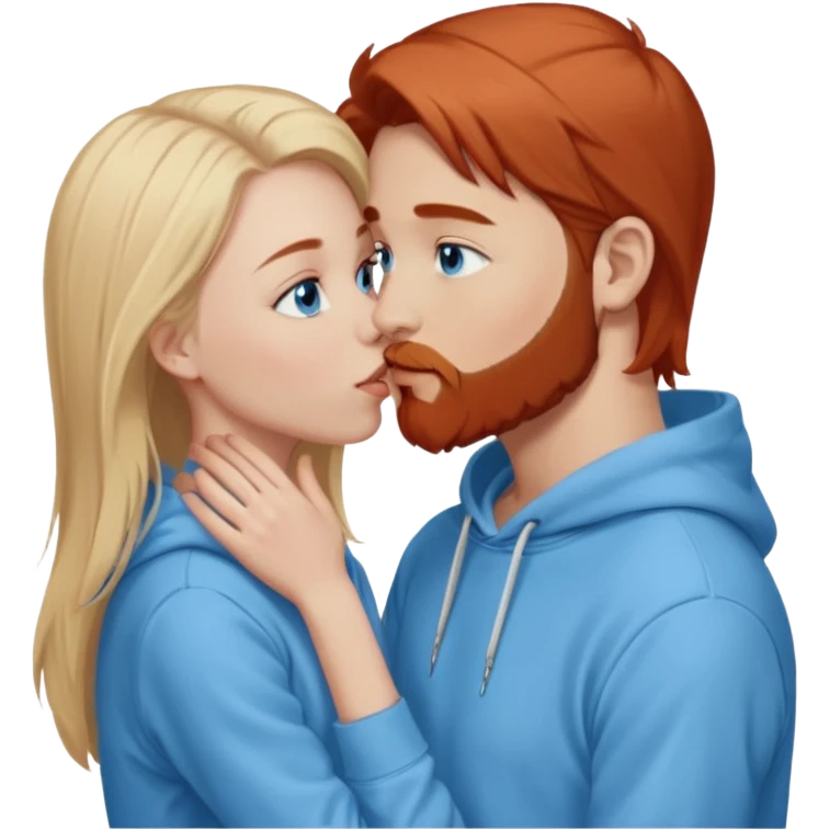 Long-pale-blonde hair, beautiful girl with blue eyes-wearing a light blue hoodie, facing, kissing reddish-brown hair-beard boy blue eyed white guy emoji
