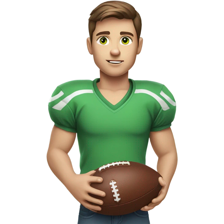 boy with brown hair and light blue eyes. wearing a green shirt. holding an american football  emoji