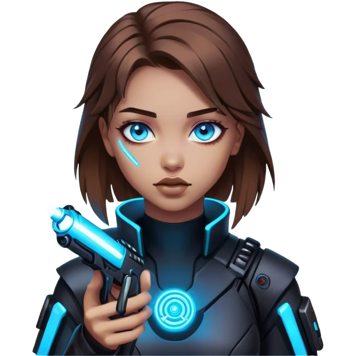 Neon cyberpunk style 
girl with brown hair and blue eyes 
shoots emoji