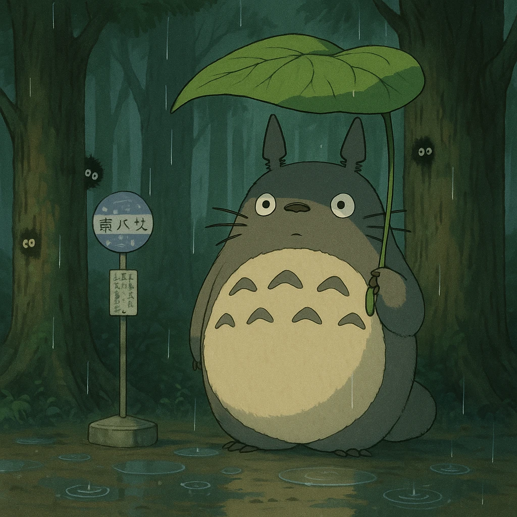 Totoro waiting at a misty forest bus stop, holding a giant leaf umbrella, while tiny soot sprites peek out from tree trunks nearby and raindrops ripple in puddles at his feet. emoji