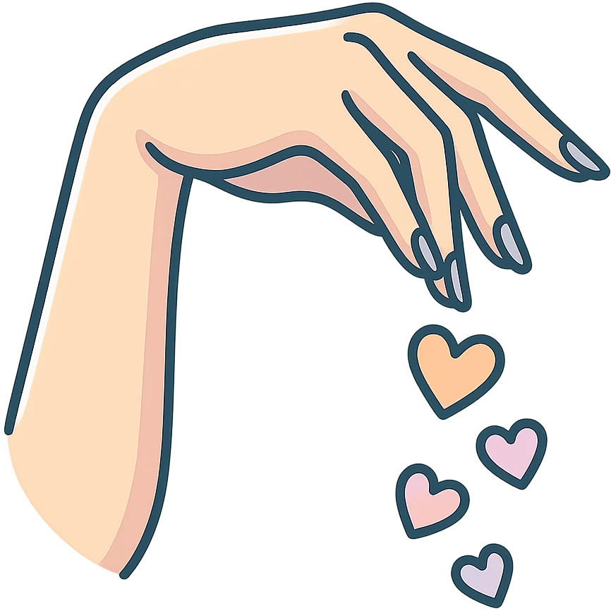female hand with long fingers sprinkling hearts like seasoning, icon-color-outlined style, detailed shadows and highlights, thin clean contours, soft rounded shapes, pastel palette #98B5BC, #B5B3C1, #C9A3C9, #E4C0CA, #F7DCD1, #F7C0AA, modern Japanese pop art and sticker aesthetic, soft lighting, transparent background emoji