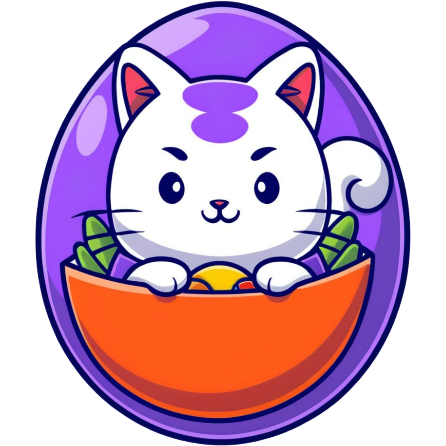 cat sitting in a decorated Easter egg made of sushi, colorful Easter patterns on the sushi egg emoji