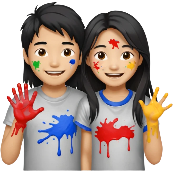 Happy Asian boy with long hair and girl messy painters emoji