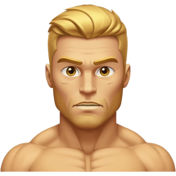 A hyper-realistic, fully golden Gigachad with reflective 24k gold skin, sharp chiseled jaw, golden stubble, blank eyes, and one raised eyebrow. He is shown from the chest up, facing front, with a shiny, muscular physique resembling the Silver Surfer in gold emoji