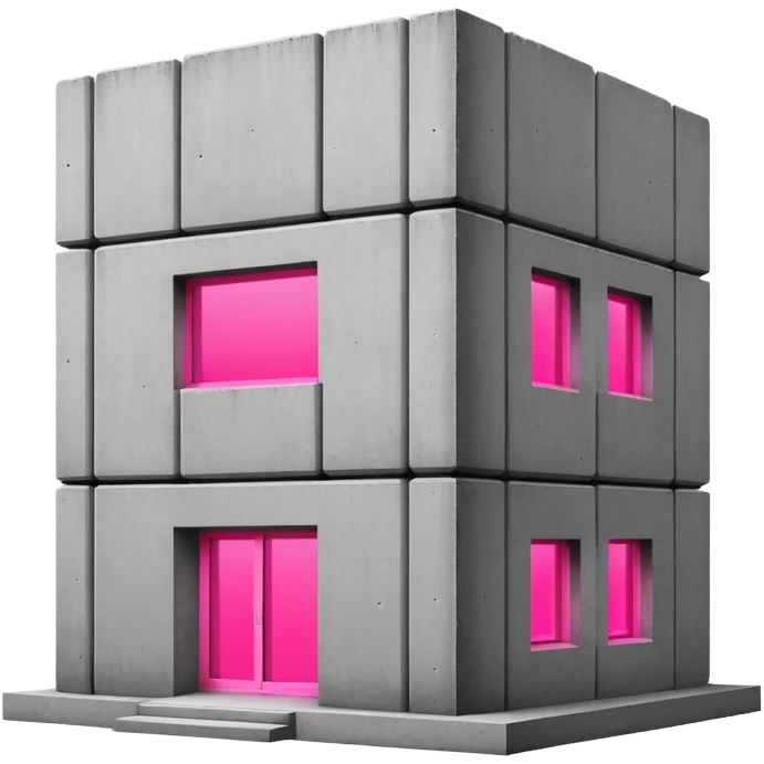 Brutalist gray concrete block building with one neon pink window emoji
