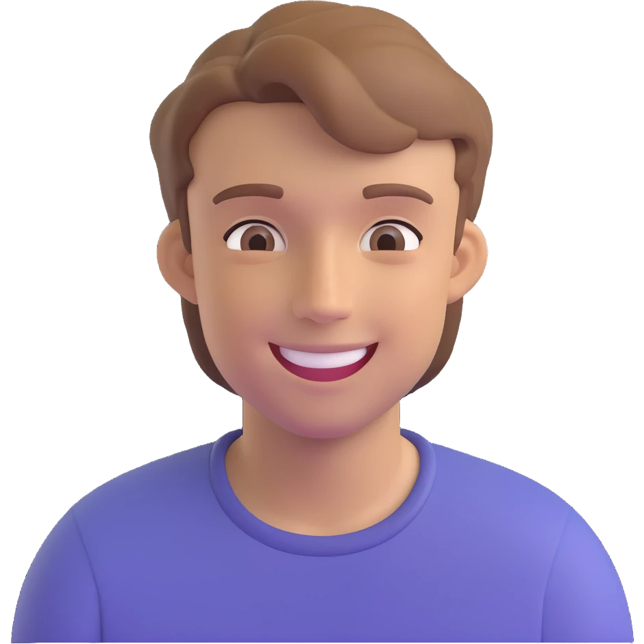 smiling young man with light brown hair, subtle 3D effect, neutral background, high resolution, no text emoji