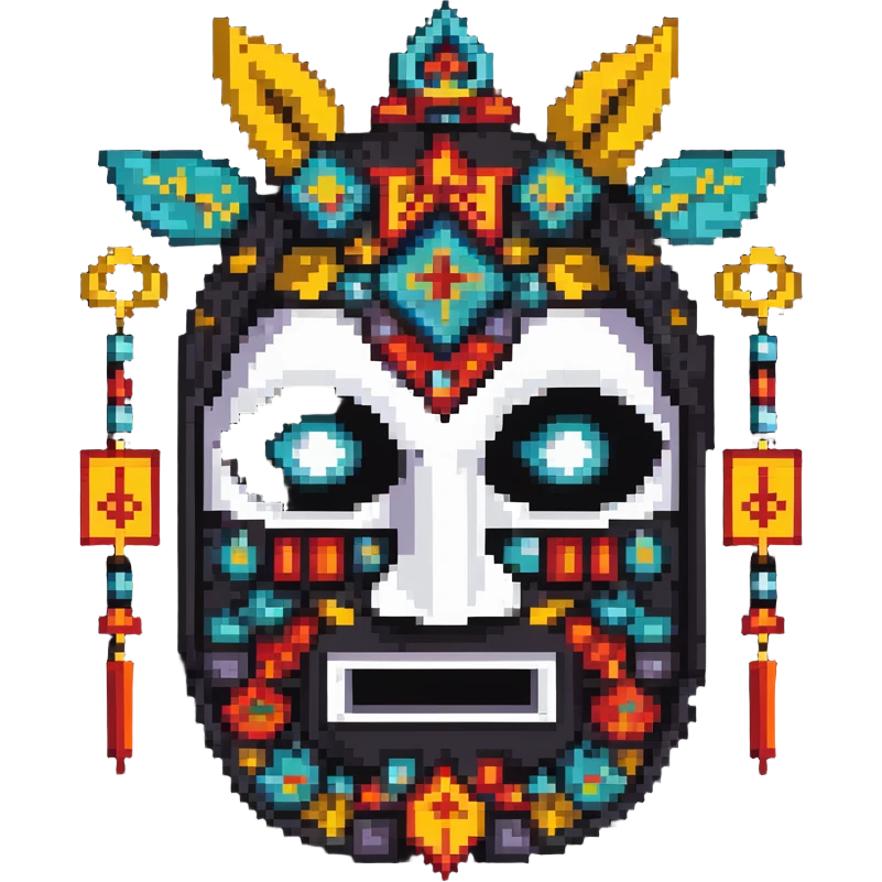 sackface character with elaborate ritual symbols stitched into mask emoji