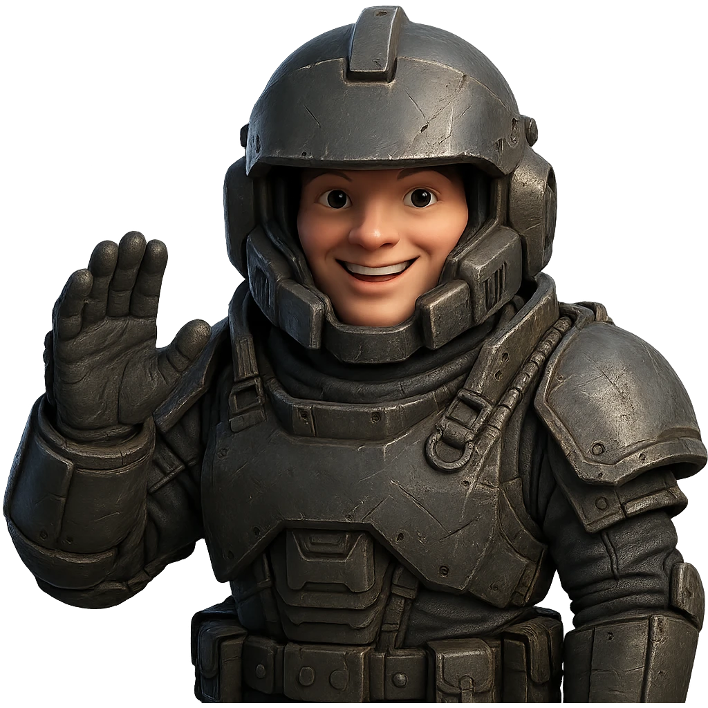 Modify the armor to resemble the Helldivers 2 game design, with oversized helmet and armor details, cheerful expression, no background. The style should capture the unique and recognizable features of Helldivers 2 armor with emphasis on the helmet and armor proportions. emoji