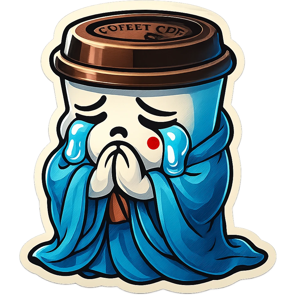 Tall coffee cup, big tears, sobbing, dramatic emoji