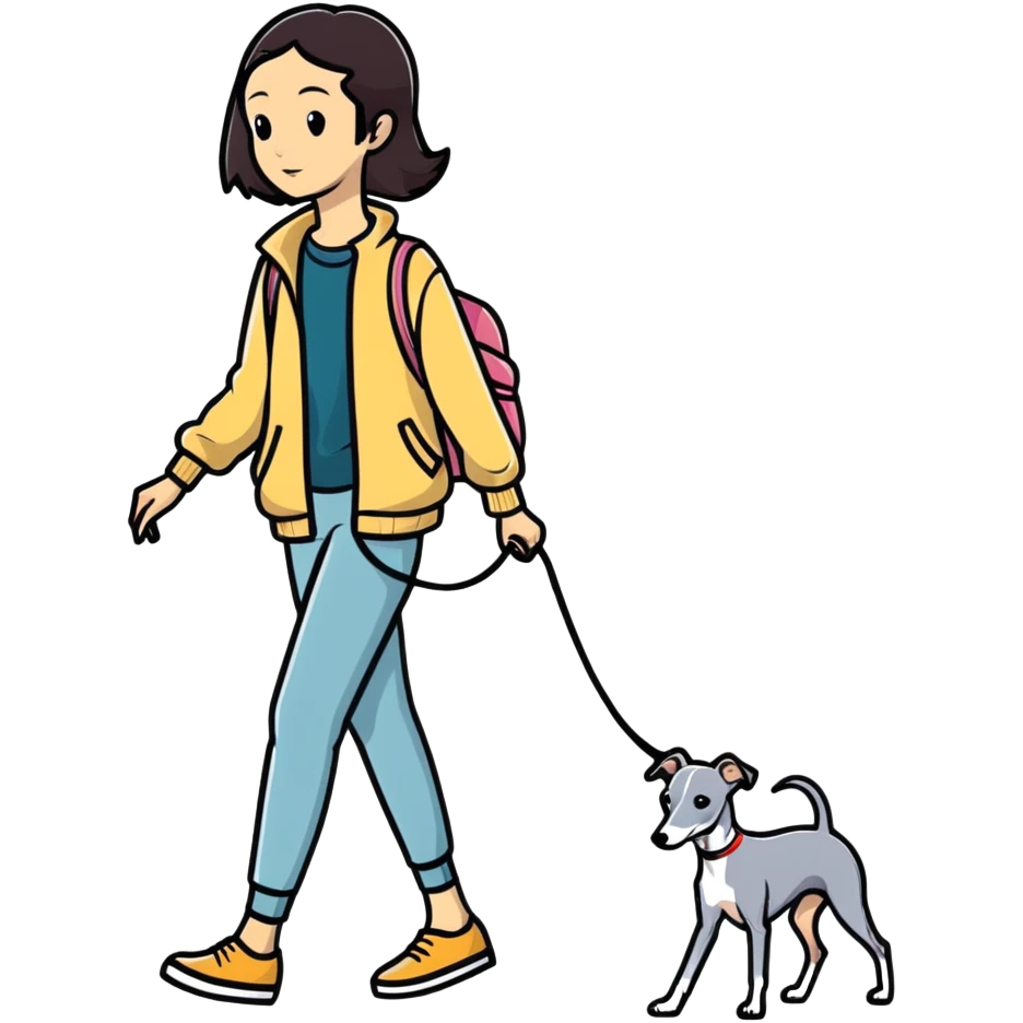 Pretty Asian girl with attractive features walking an all grey Italian greyhound with no white nose emoji