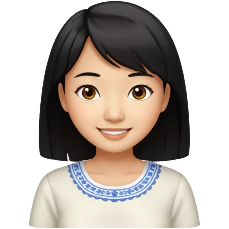30 yr old asian woman center parted hair big eyes big smile tanned skin straight black hair hippie part hair white blouse shoulder length hair middle parted hair few short bangs at front emoji