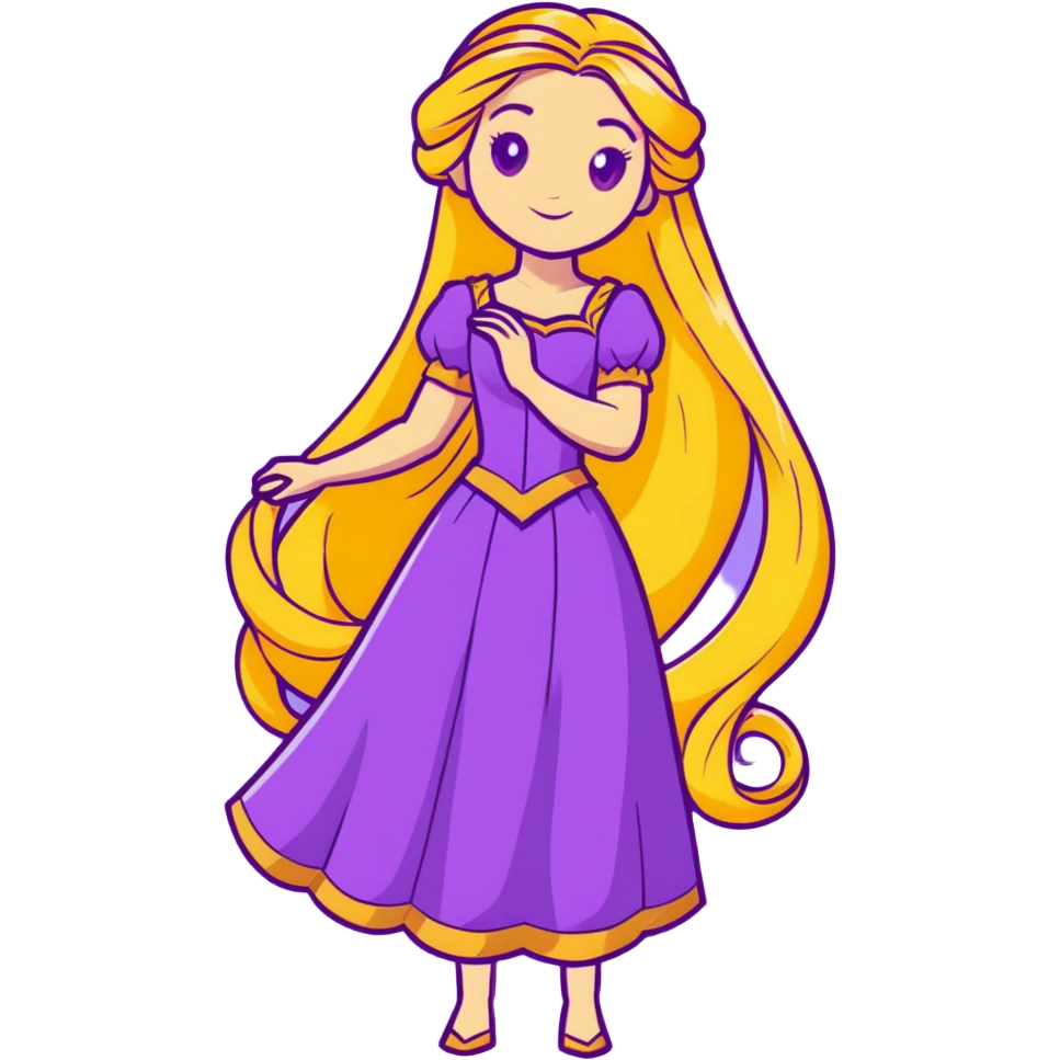 Disney Princess Rapunzel with extremely long golden blonde hair and purple dress emoji
