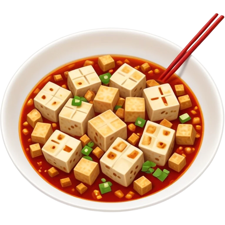 Sichuan mapo tofu spicy red dish with tofu cubes, simplified emoji style with bold outlines and bright colors, cartoon style Chinese tofu dish emoji