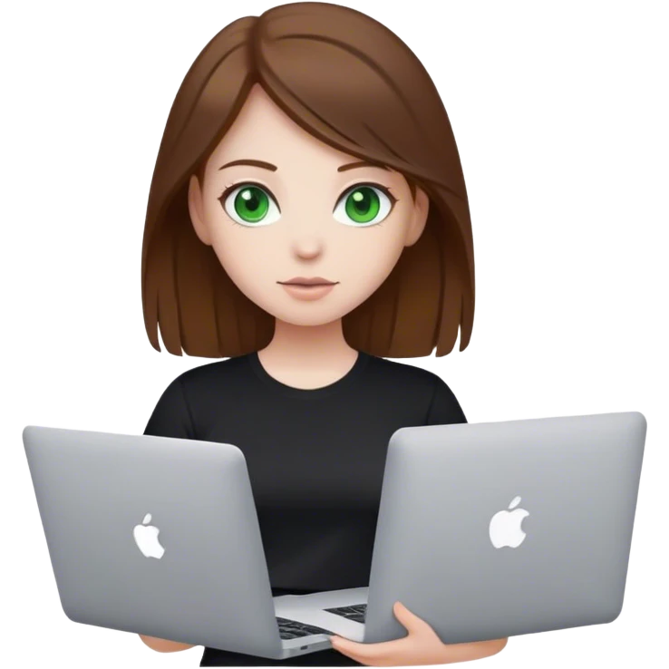 Girl with brown hair and white skin hold macbook green eyes t-shirt black emoji