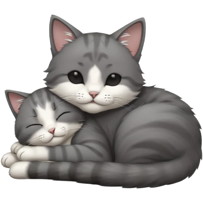 dark grey and white small cat with his eyes closed, leaning his head on his paw while leaning on his elbow lying down emoji