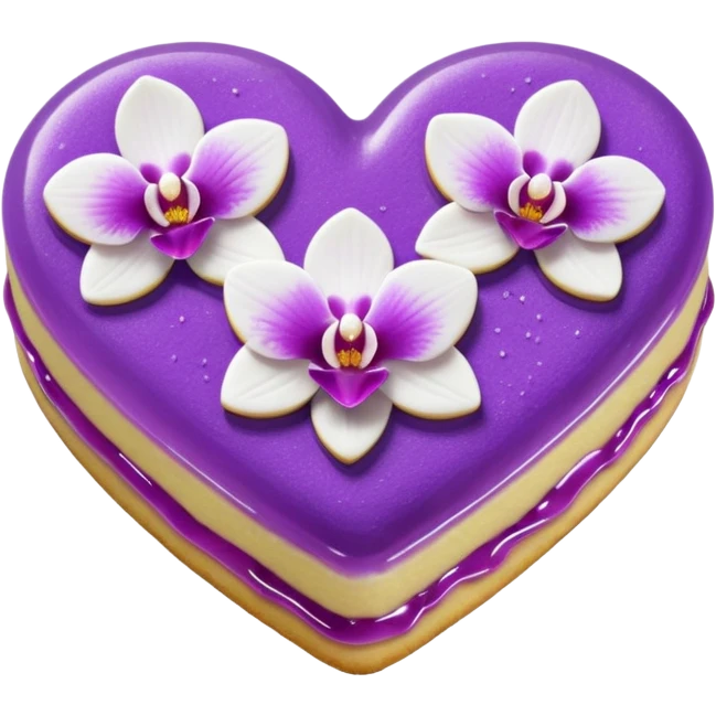Realistic shortbread cookie in the shape of a heart with orchid purple color jelly middle filling and sprinkled powder sugar on top. emoji