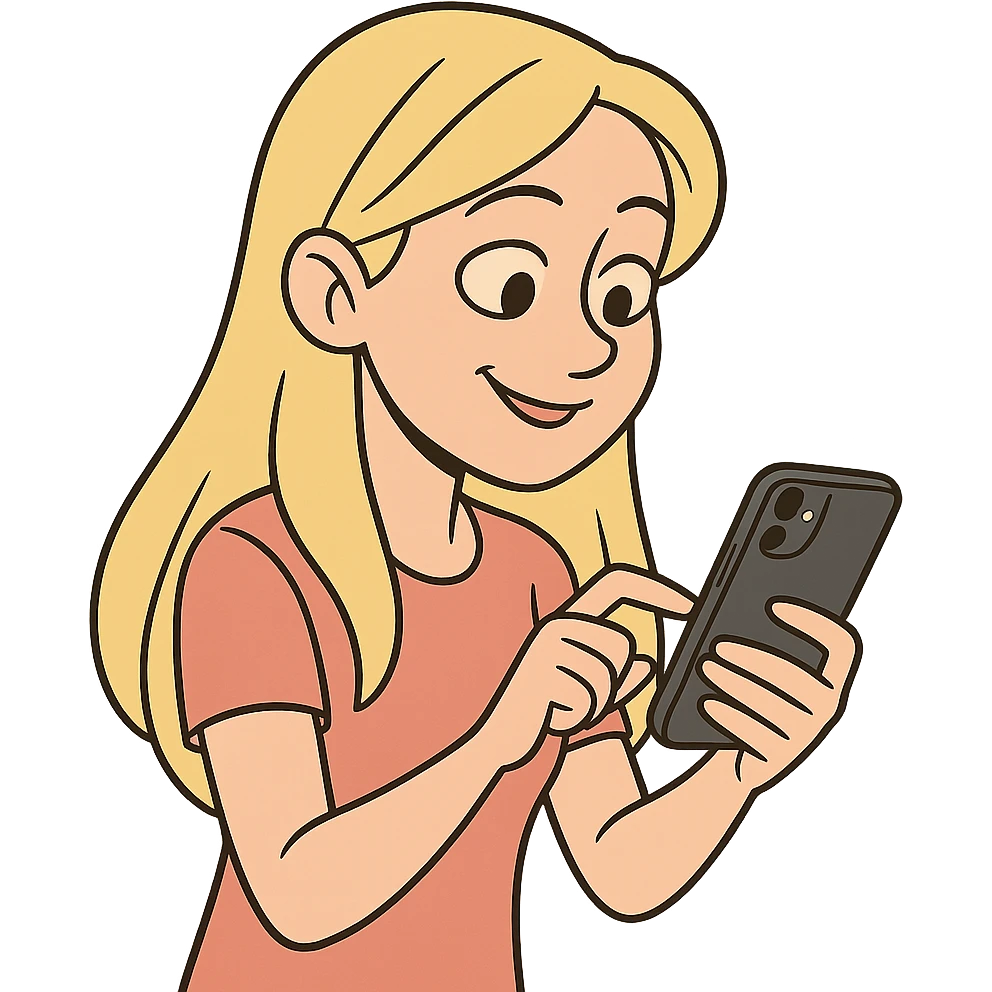 blonde girl with long hair typing message on iPhone, cartoon style, slight smile, light background, no text emoji