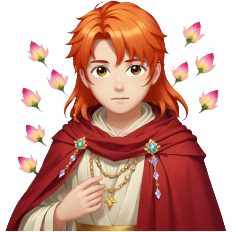 Beautiful gorgeous anime boy with beautiful fiery-special-medium-long-hair, fashion aesthetic, ethereal, fairycore, pastelcore, flower petals, crystals, layered robes, toga, cloak scarf, accessories, jewelries, gold, colorful, shiny, trending style, outside emoji