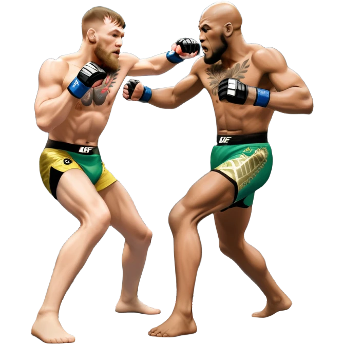 An MMA showdown between Conor McGregor and Anderson Silva in the octagon. McGregor is executing a jumping strike, while Silva skillfully deflects the attack. The background shows the UFC octagon with roaring fans and vibrant energy. Transparent background. emoji