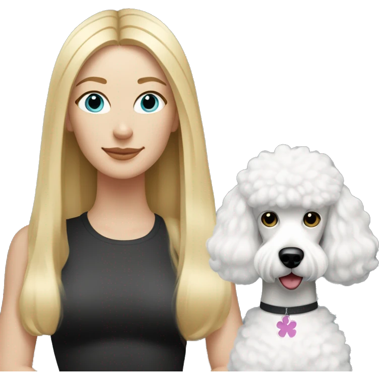 white woman with long blonde hair and cat shaped eyes wearing a yoga outfit standing alongside a black/white poodle emoji